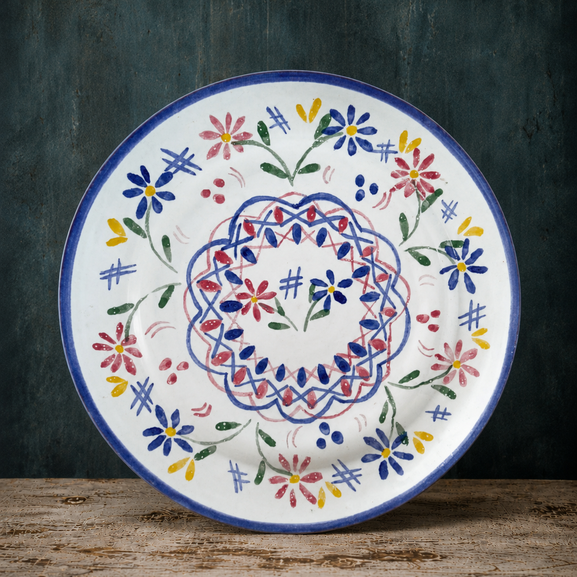 Decorative ceramic plate with floral patterns on a wooden surface and dark background