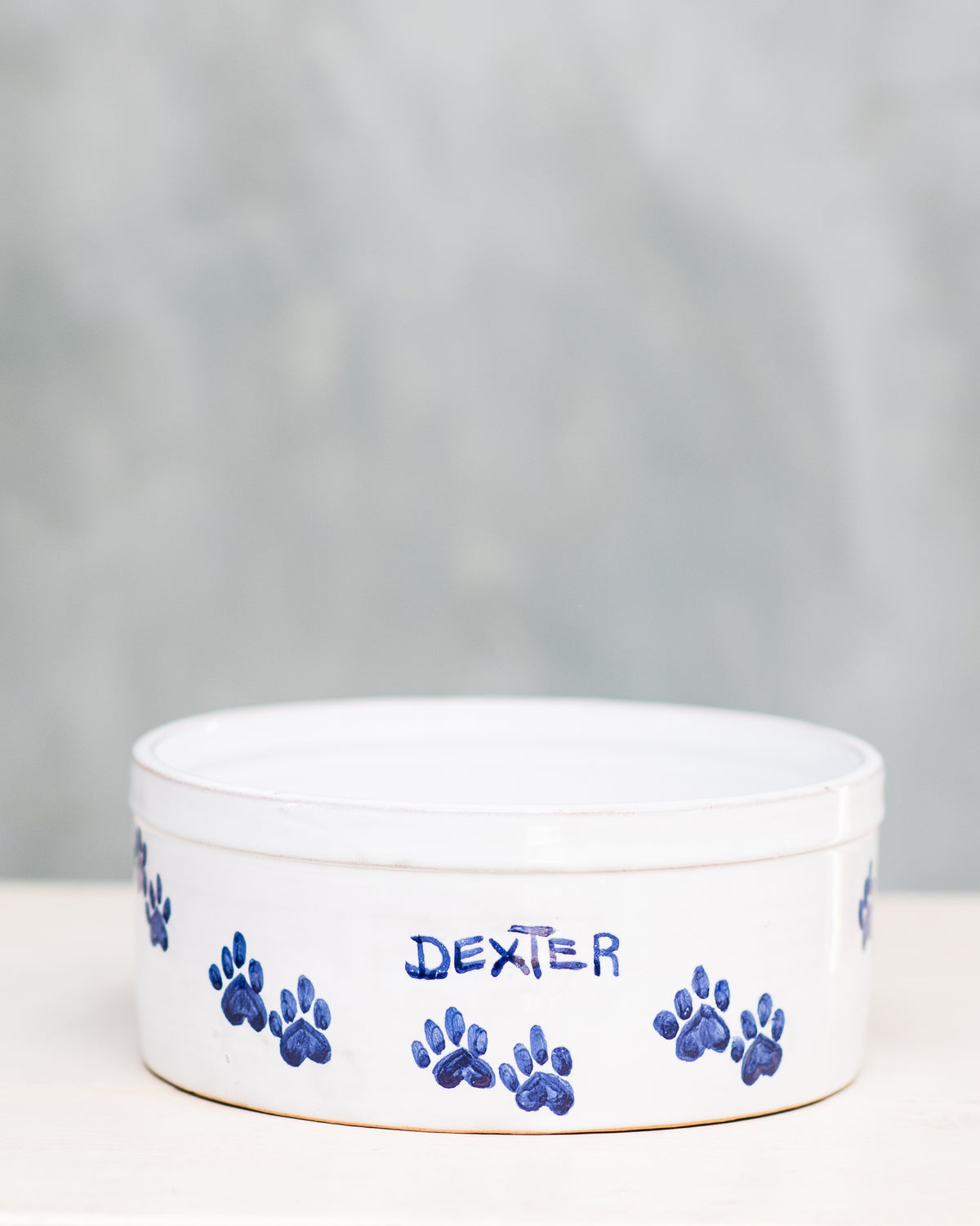 A ceramic dog bowl with blue paw prints around the edge and the name 'DEXTER' written on it, placed on a wooden surface with a plain background.