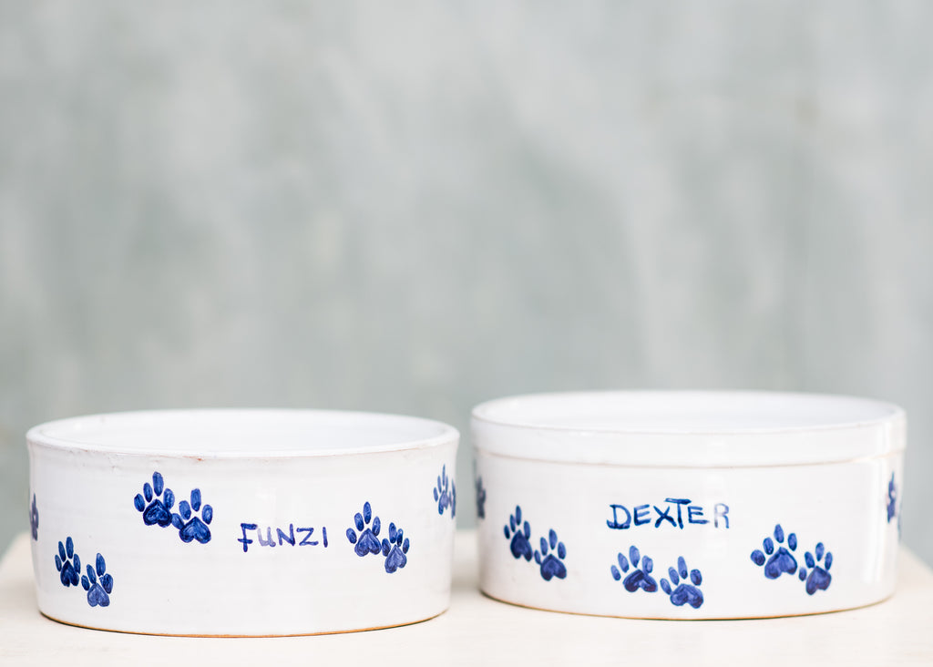 two ceramic dog bowls with blue paw prints around the edge and the name 'Funzi'  'Dexter' written on it, placed on a wooden surface with a plain background.