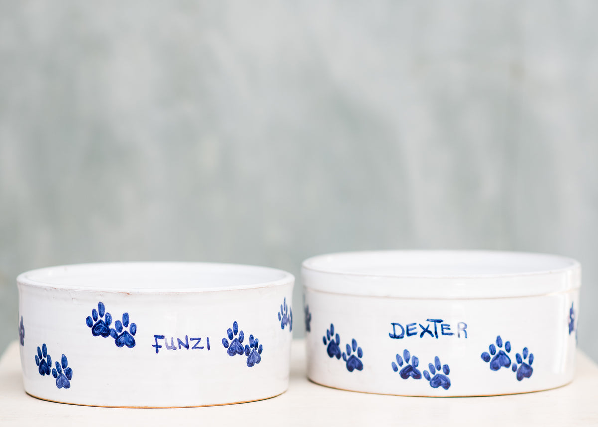 two ceramic dog bowls with blue paw prints around the edge and the name 'Funzi'  'Dexter' written on it, placed on a wooden surface with a plain background.